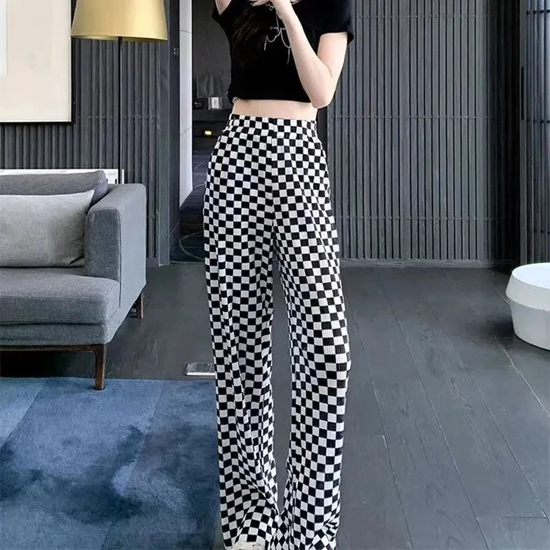 2024 Summer Women’s New Spliced Elasticized High-Waisted Printed Plaid Fashion Loose Minimalist Versatile Casual Pants