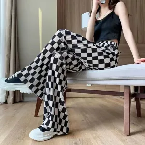 2024 Summer Women’s New Spliced Elasticized High-Waisted Printed Plaid Fashion Loose Minimalist Versatile Casual Pants