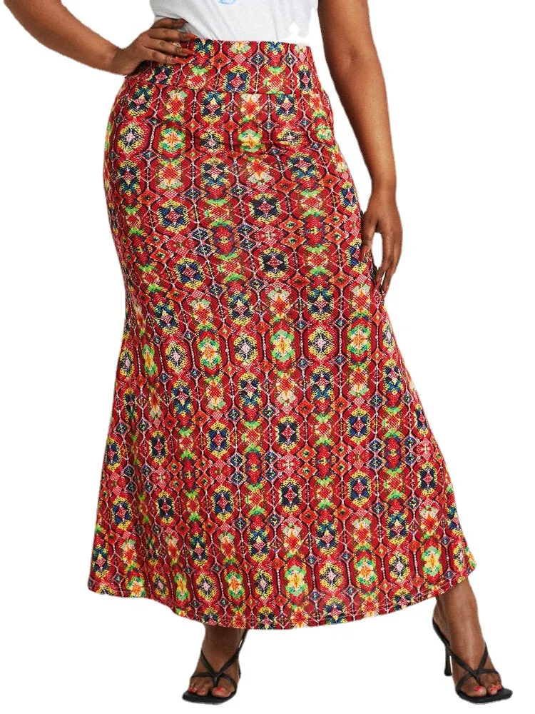 African Style Ethnic Print Buttocks High Waist Bodycon Long Skirt