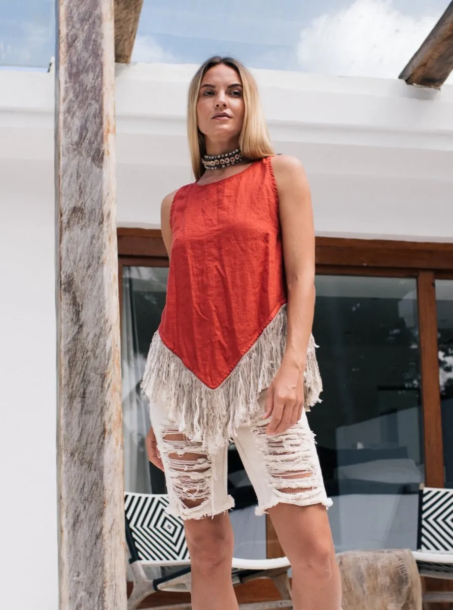 Alma Libra Corner Linen Top with Fringes / Red Ochre