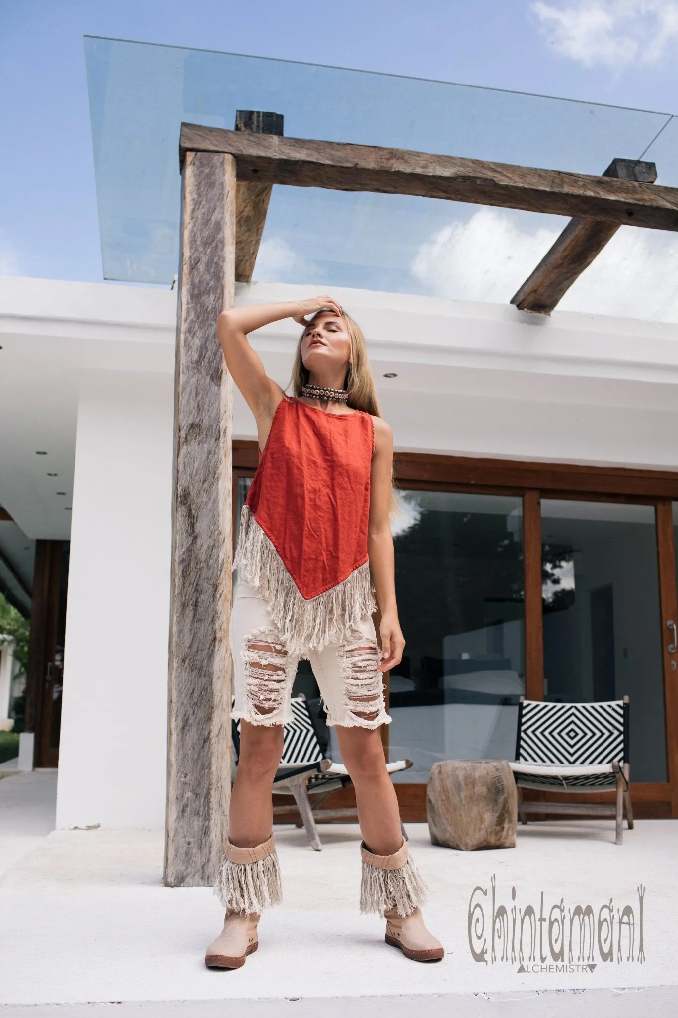 Alma Libra Corner Linen Top with Fringes / Red Ochre