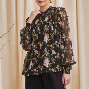 B77 Women's Printed Ruffled Top With Smocking in Bemberg Silk