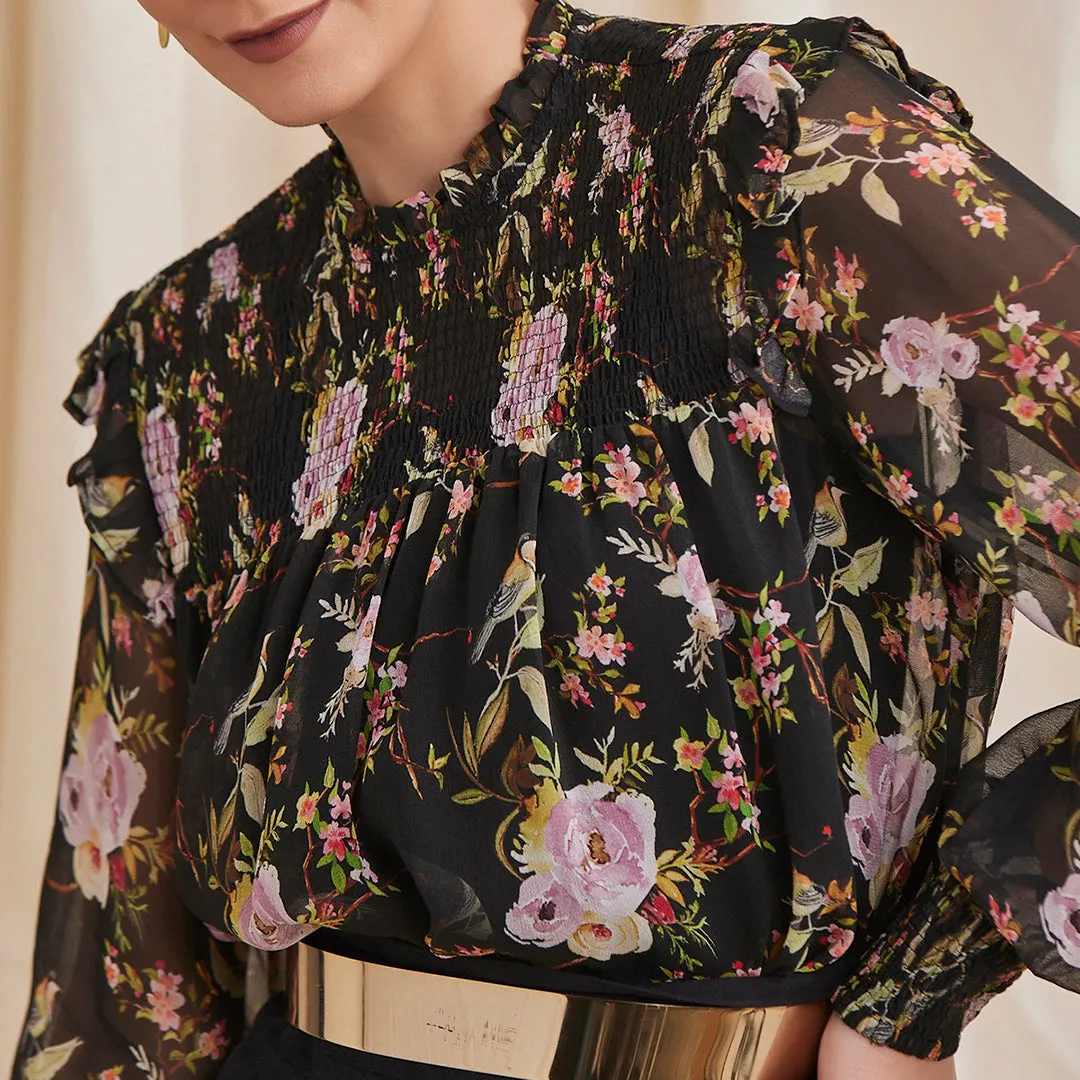 B77 Women's Printed Ruffled Top With Smocking in Bemberg Silk