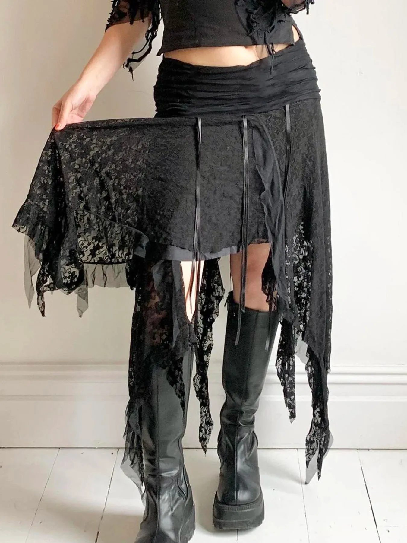 Black Solid Goth Lace Midi Skirts Womens Asymmetrical Hem Chic Fashion Vacation Boho Outfits