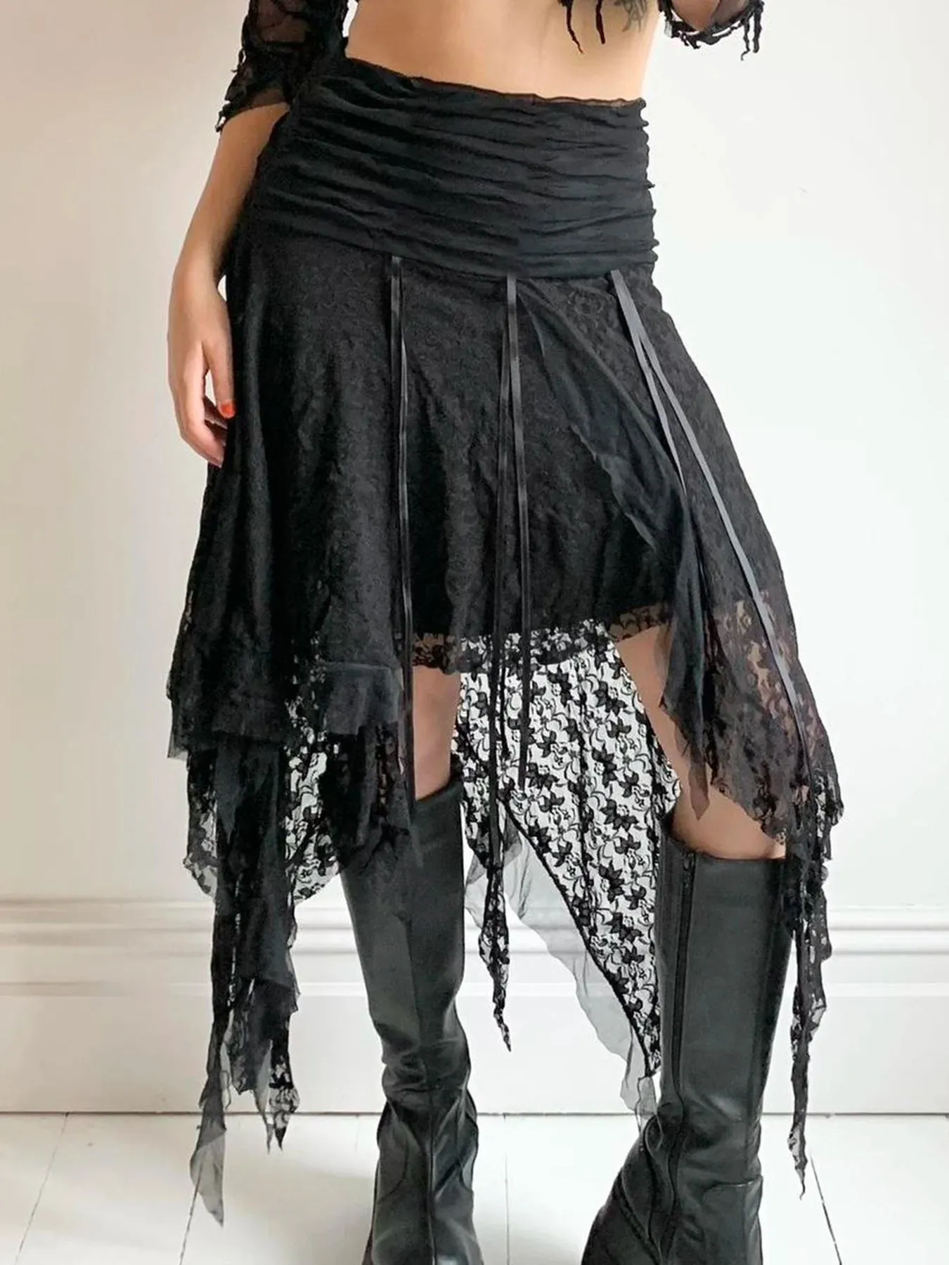 Black Solid Goth Lace Midi Skirts Womens Asymmetrical Hem Chic Fashion Vacation Boho Outfits