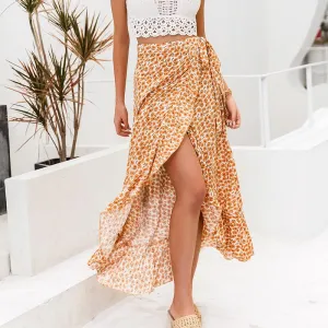 Bohemian Floral Print Long Skirt High Waist Lace Up Ruffle Summer Skirt