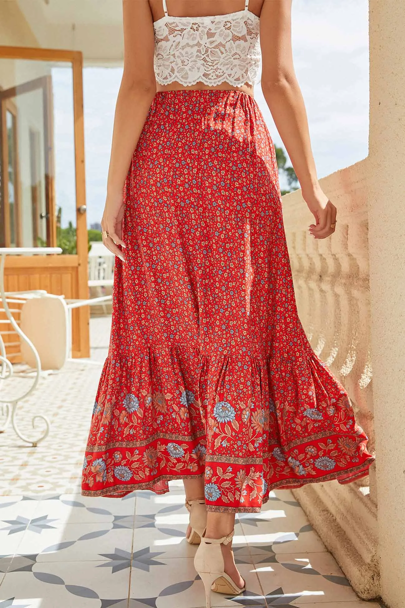 Bohemian Floral Print Midi Skirt