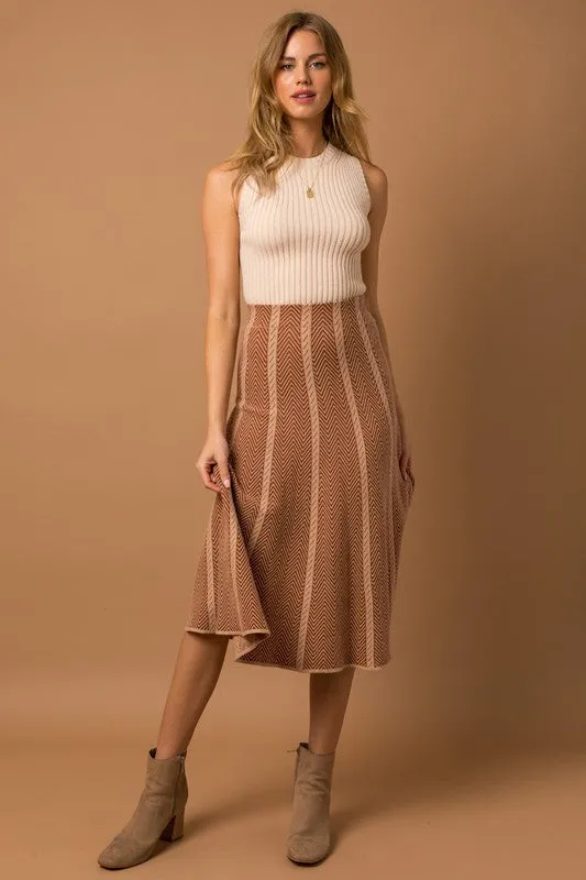 Bohemian Herringbone Stripe Sweater Midi Skirt