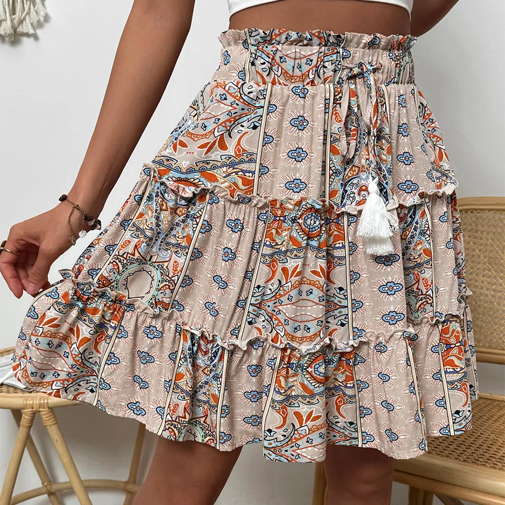 Bohemian High Waist Wooden Ear Tassel Tie Print Skirt Wholesale Women'S Bottom