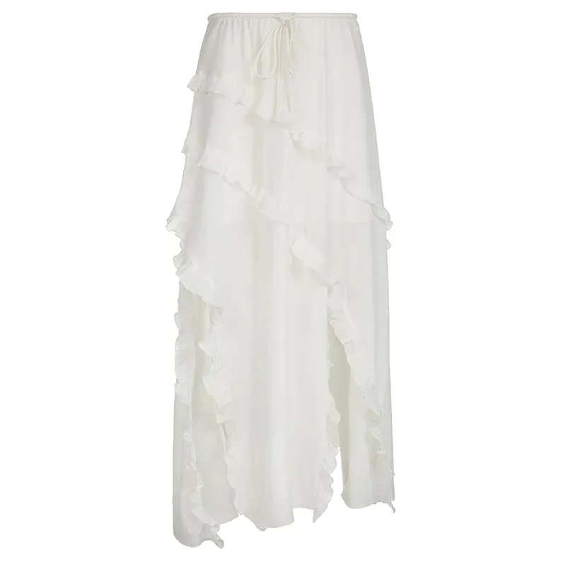 Bohemian Vacation Irregular White Long Skirts Side Slit Fashion Chic Summer Skirt Female Ruffles Patchwork Drawstring