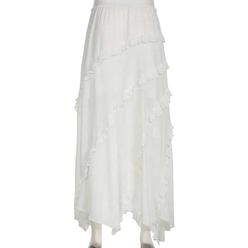 Bohemian Vacation Irregular White Long Skirts Side Slit Fashion Chic Summer Skirt Female Ruffles Patchwork Drawstring