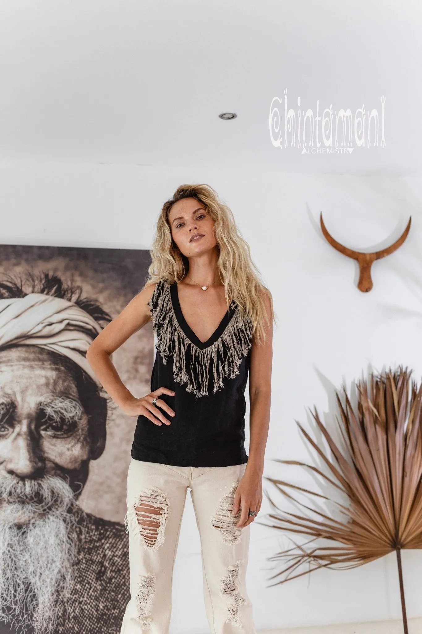 Boho Linen Tank Top with Fringes / Black