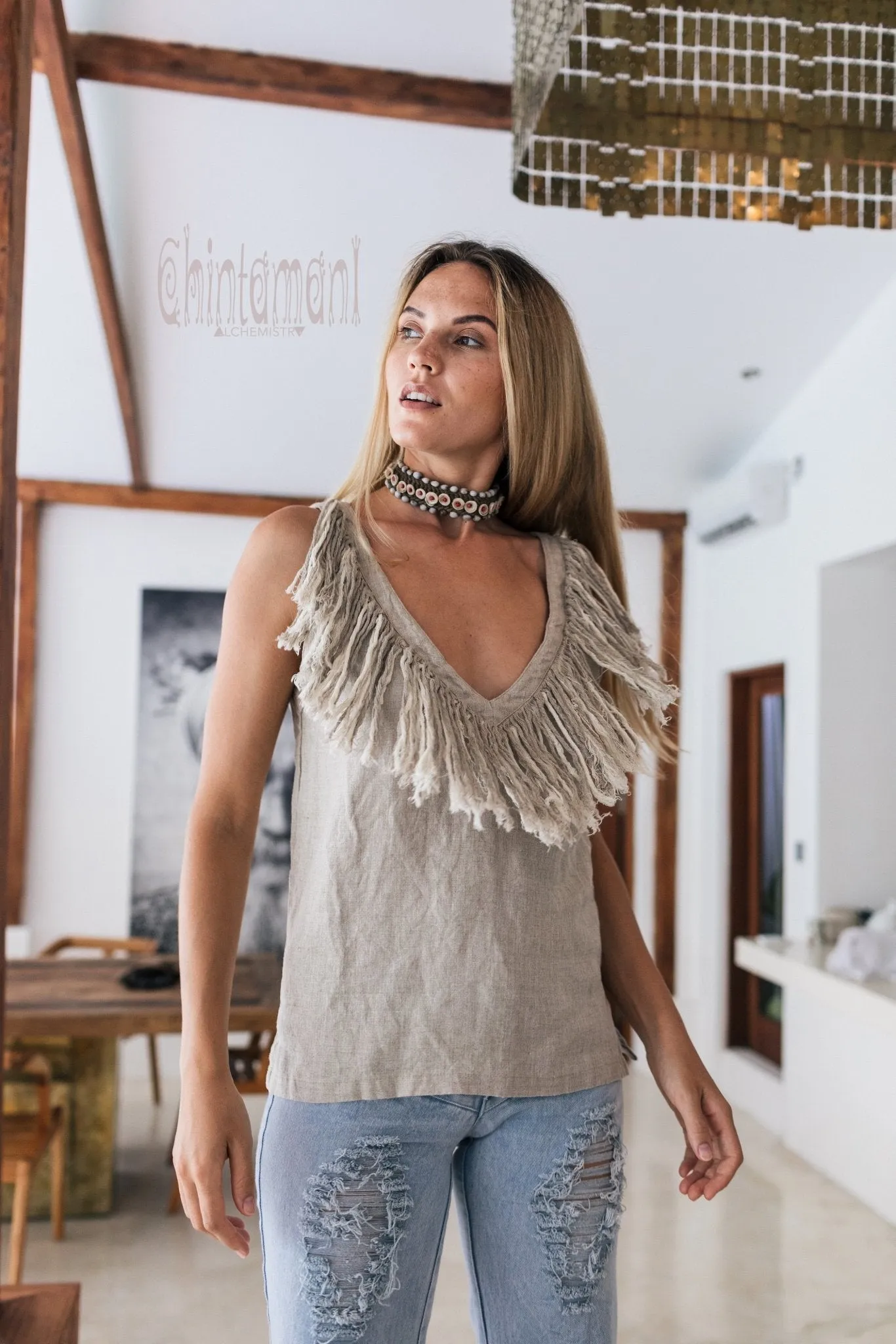 Boho Linen Tank Top with Fringes / Gray