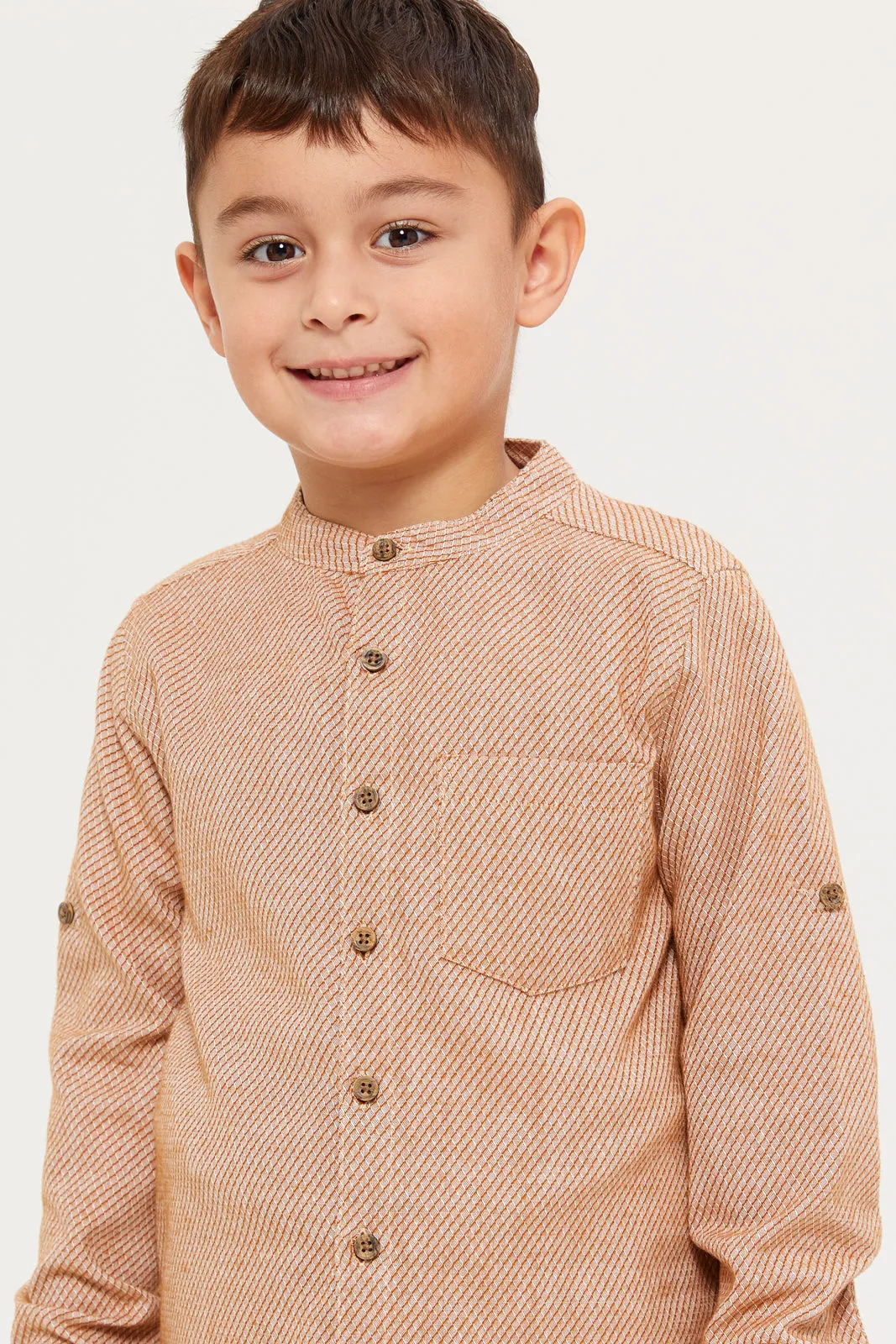 Boys Brown Mandarin Collar Shirt