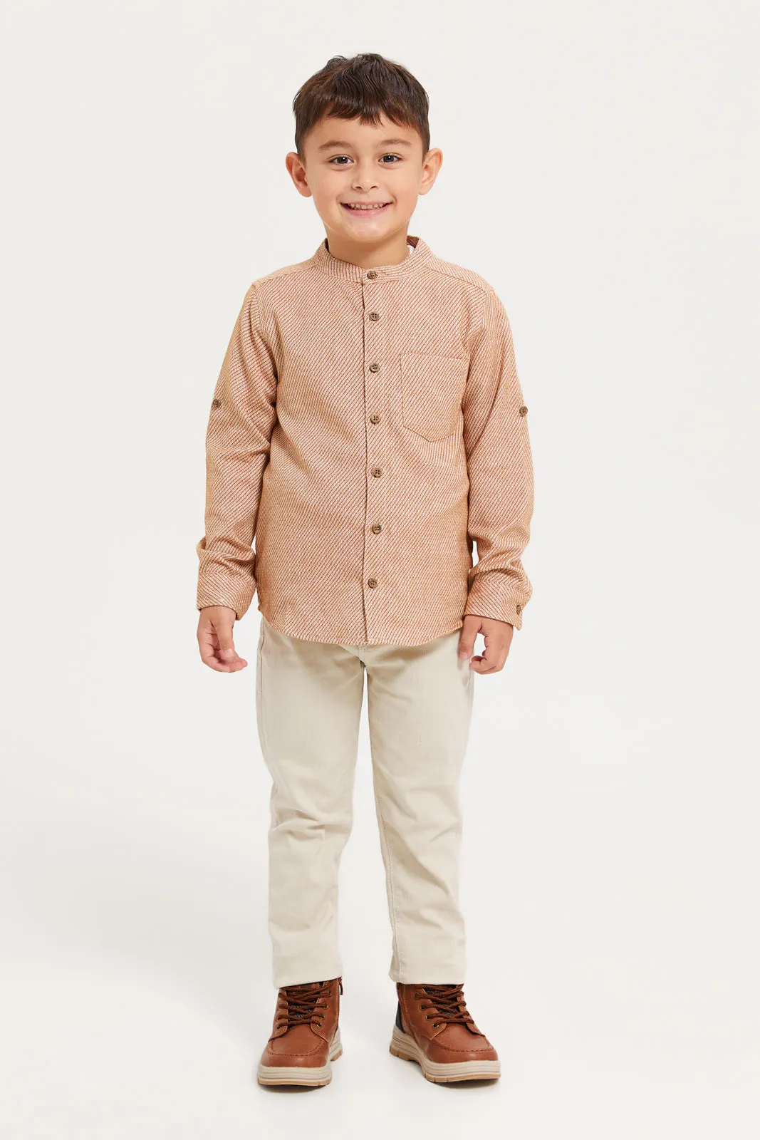 Boys Brown Mandarin Collar Shirt