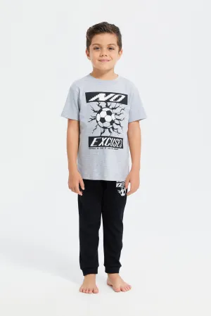 Boys Grey And Black Football Print Pyjama Set (2 Piece)