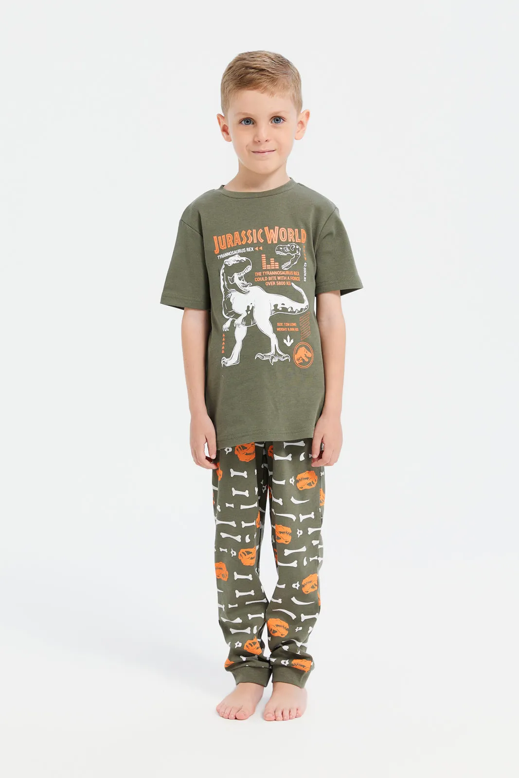 Boys Olive Dino Print Pyjama Set (2 Piece)