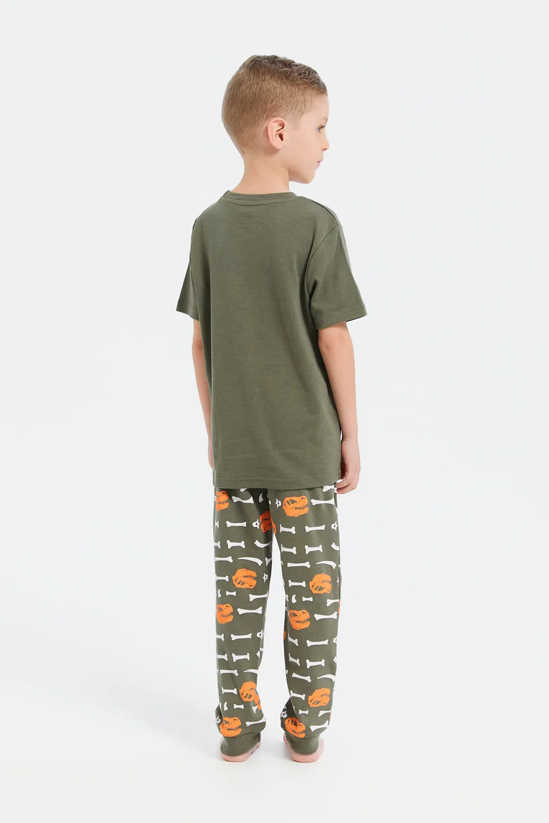 Boys Olive Dino Print Pyjama Set (2 Piece)