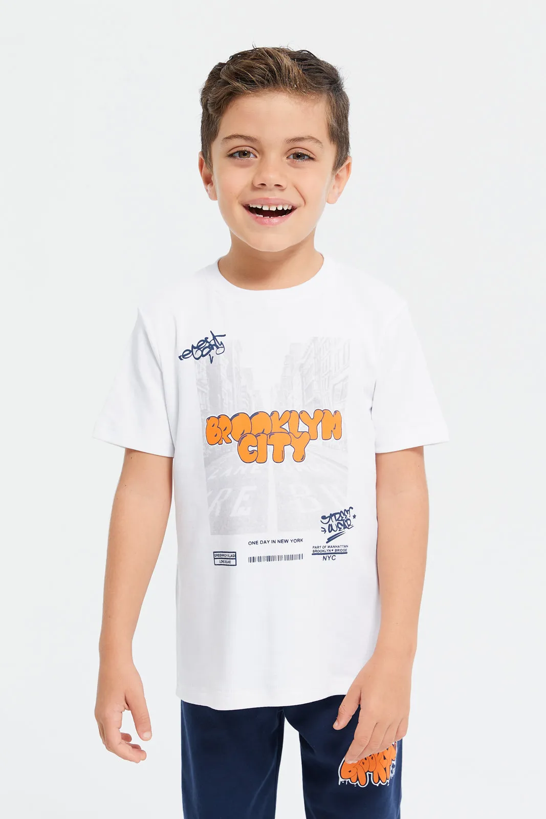 Boys White And Navy Brooklyn Printed Pyjama Set (2 Piece)