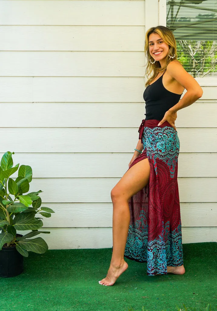 Burgundy Mandala Palazzo Wrap Pants