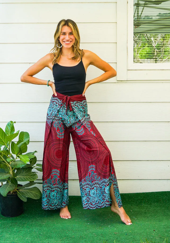 Burgundy Mandala Palazzo Wrap Pants