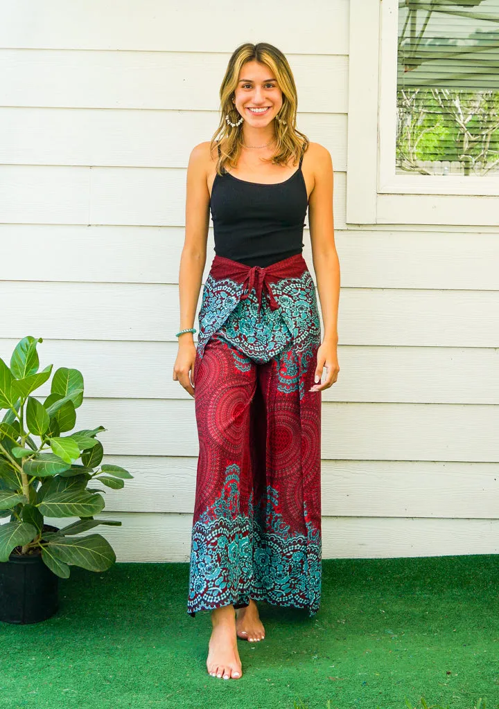 Burgundy Mandala Palazzo Wrap Pants