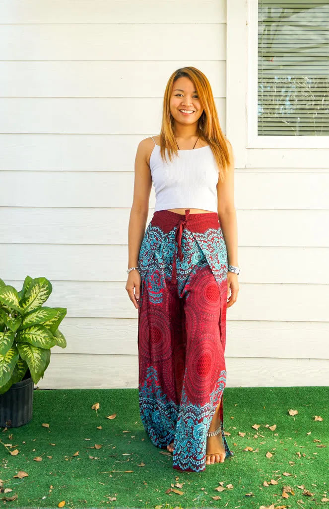 Burgundy Mandala Palazzo Wrap Pants