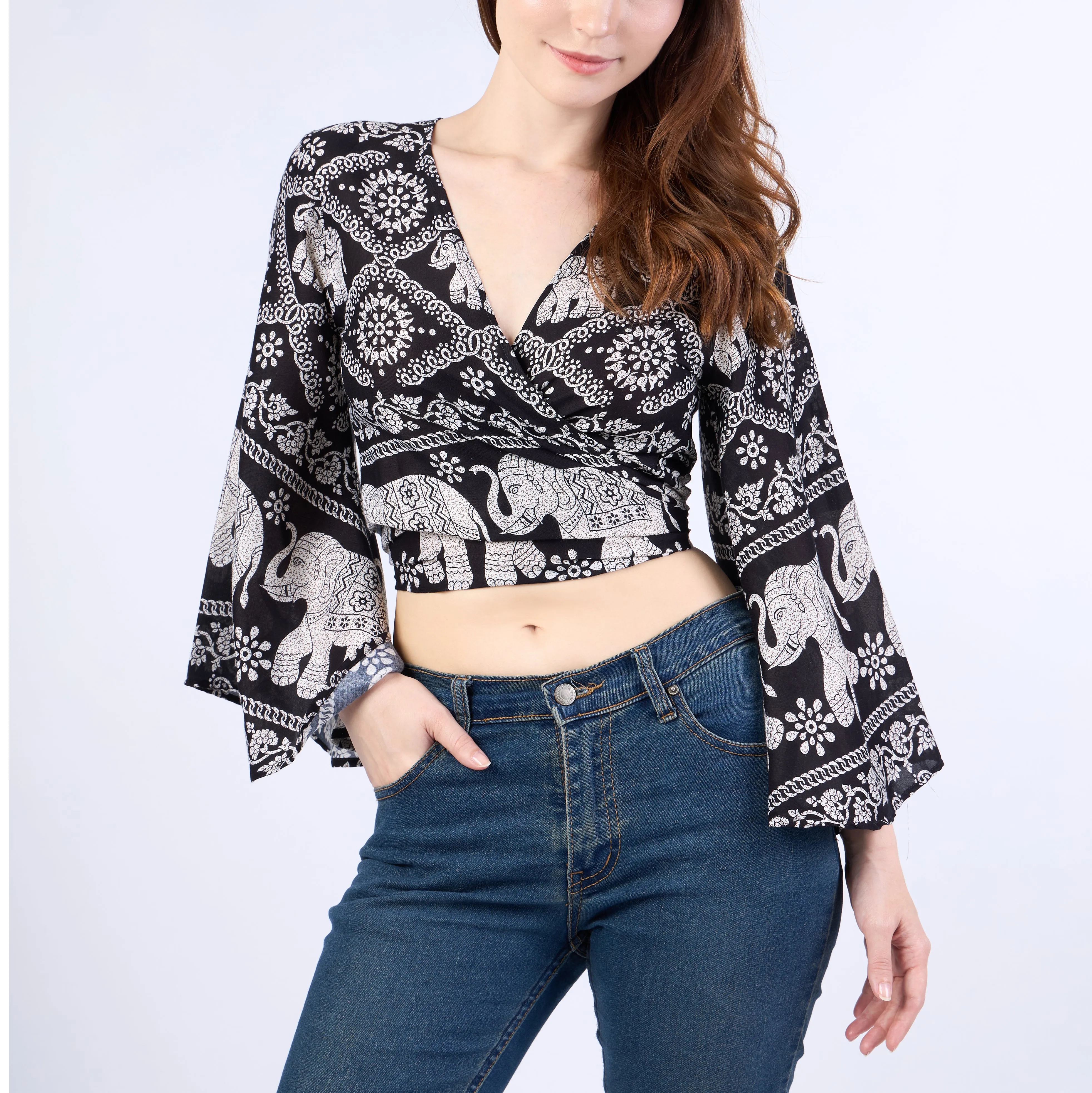 Chain Elephant Women Boho Wrap Top - Casual Shirt - Black