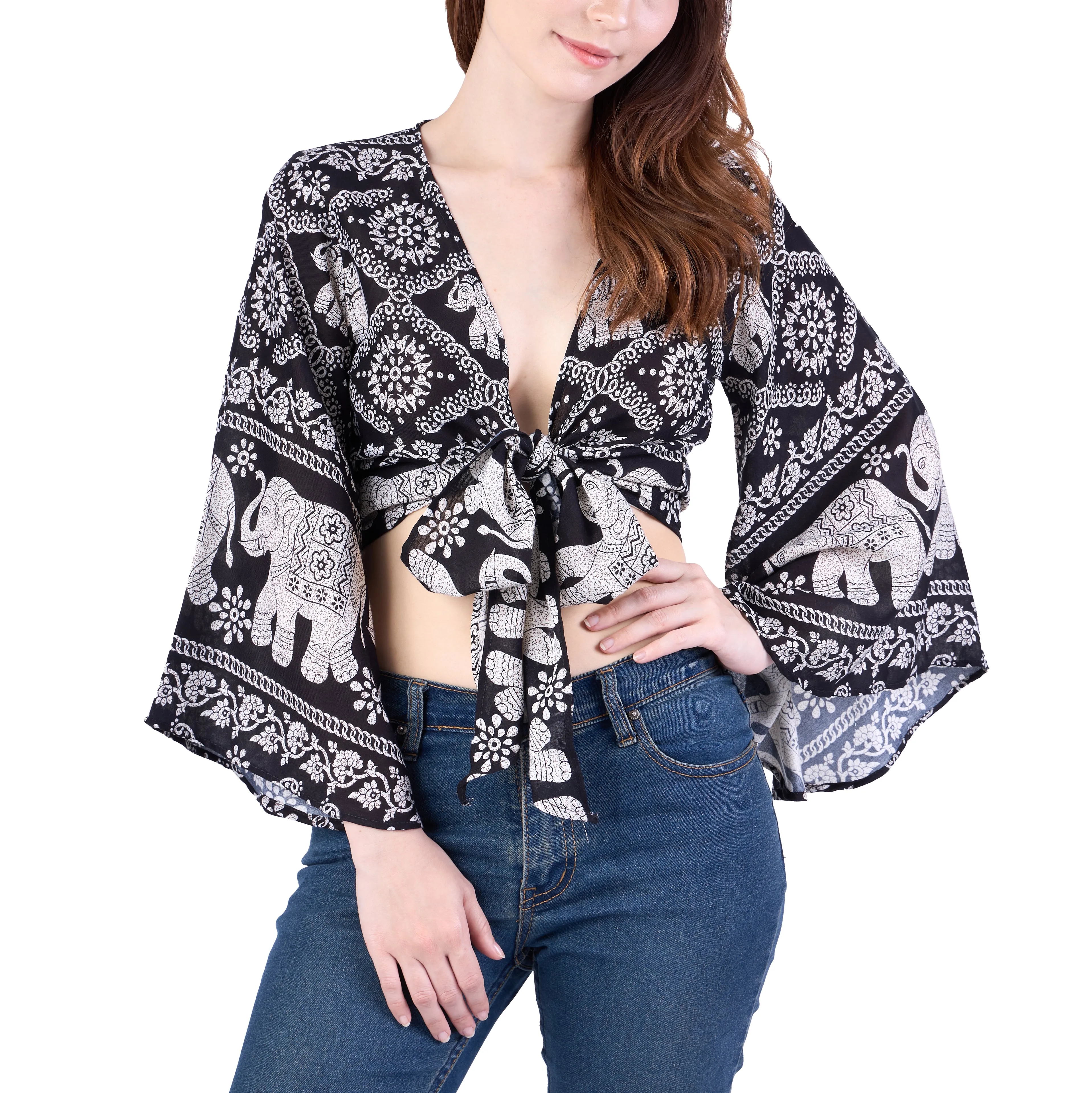 Chain Elephant Women Boho Wrap Top - Casual Shirt - Black