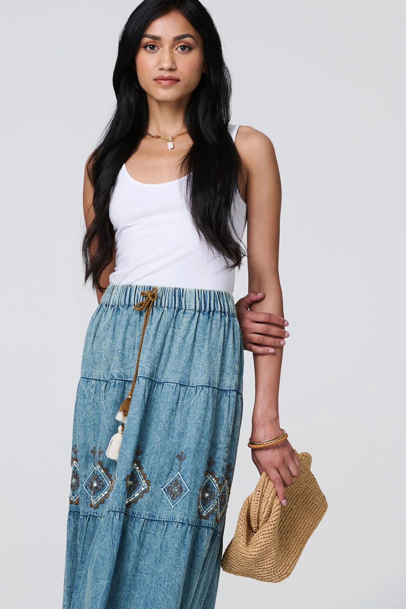 Embroidered Tiered Tassel Waist Maxi Skirt