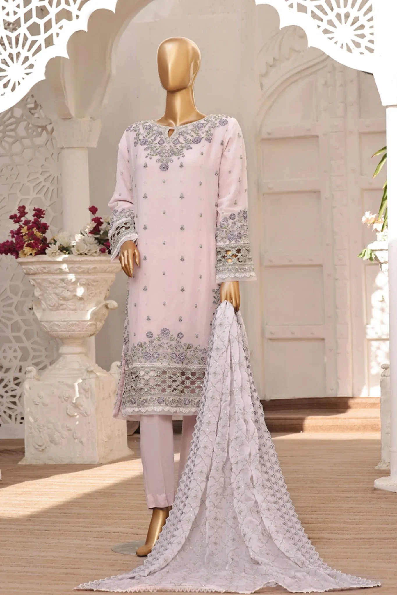 Fasaane By HZ Stitched 3 Piece Formals Chiffon Vol-03 Collection'2024-HZK-166-Pink