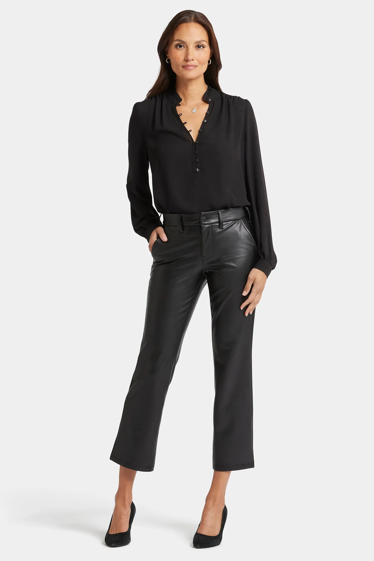 Faux Leather Straight Ankle Pants - Black