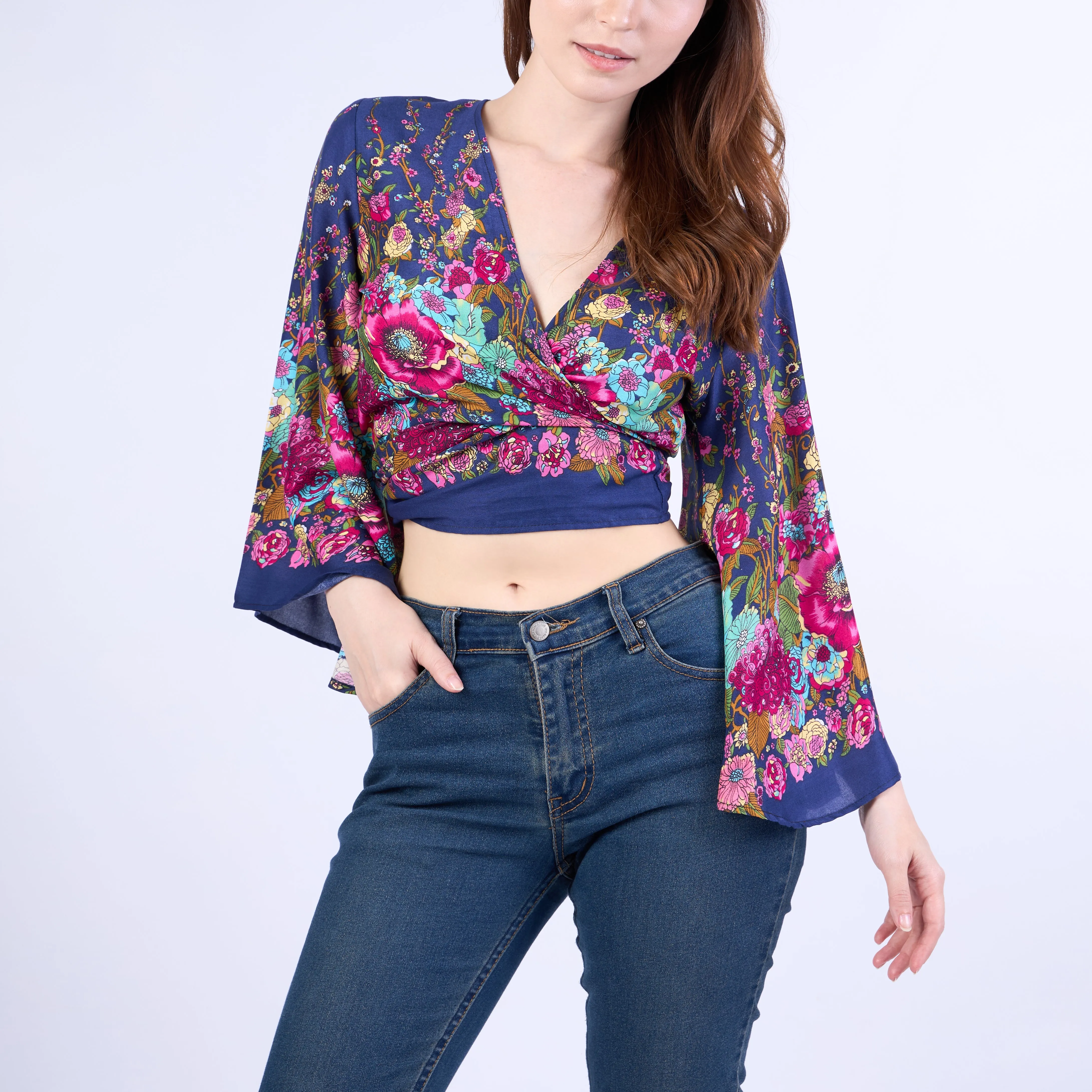 Flower Women Boho Wrap Top - Casual Shirt - Dark Blue