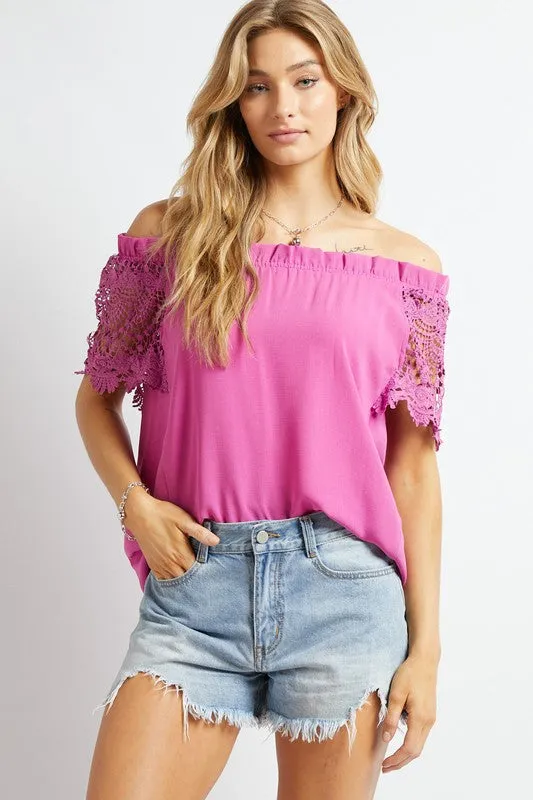 FS Clearance Crochet Lace Sleeveless Accent Off Shoulder Top