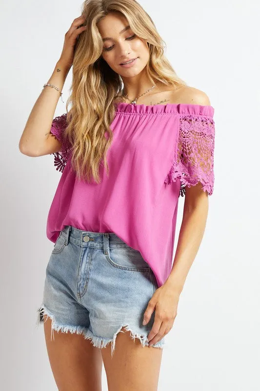 FS Clearance Crochet Lace Sleeveless Accent Off Shoulder Top