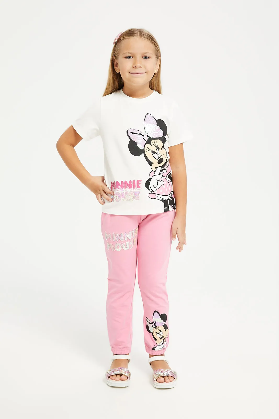 Girls Pink Minnie Mouse Sequins Active Pants