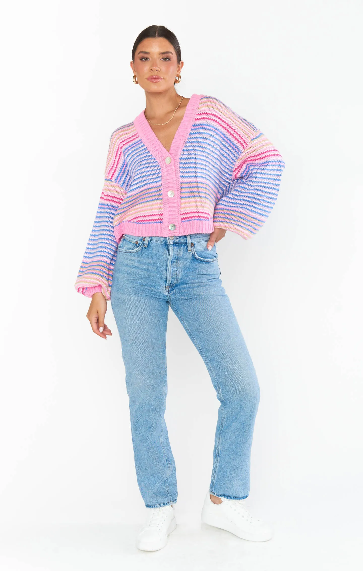 Good Karma Cardi ~ Pink Multi Stripe