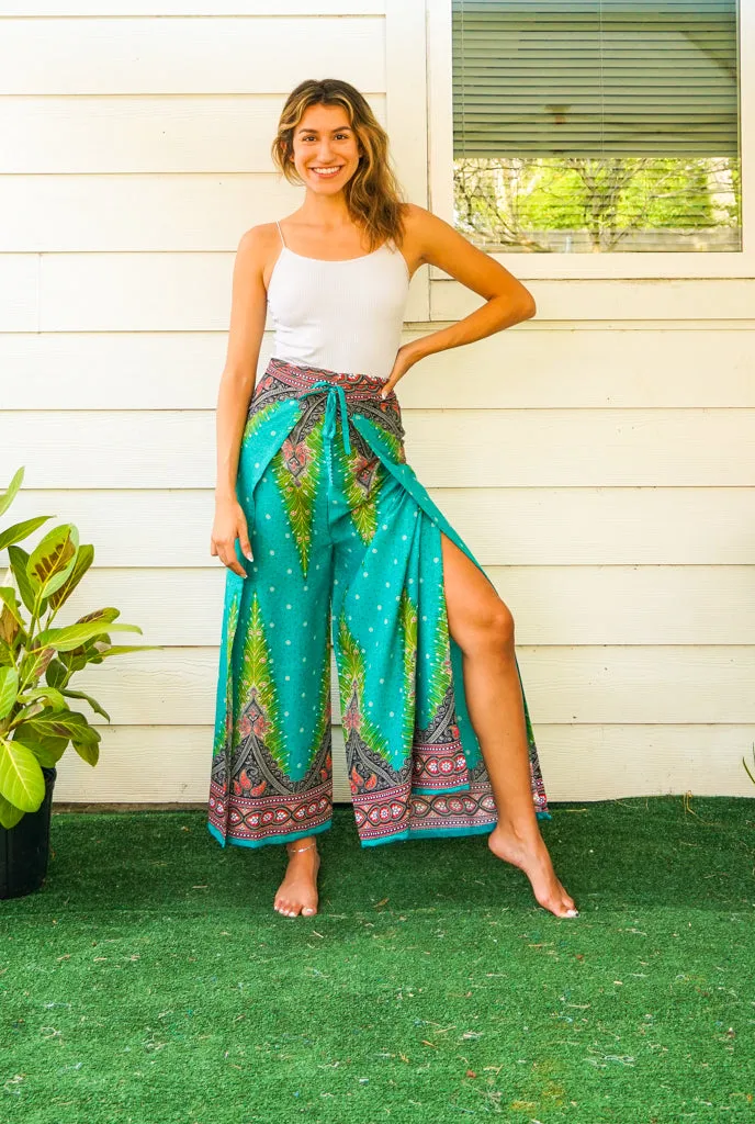 Green Peacock Palazzo Wrap Pants