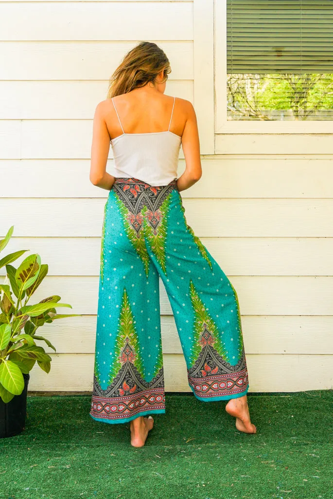 Green Peacock Palazzo Wrap Pants