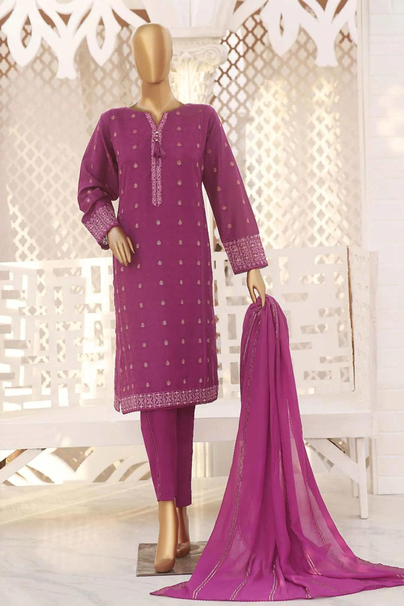 Hz Festive Stitched 3 Piece Emb Jacquard Collection2023-HZJ-01-A-Magenta