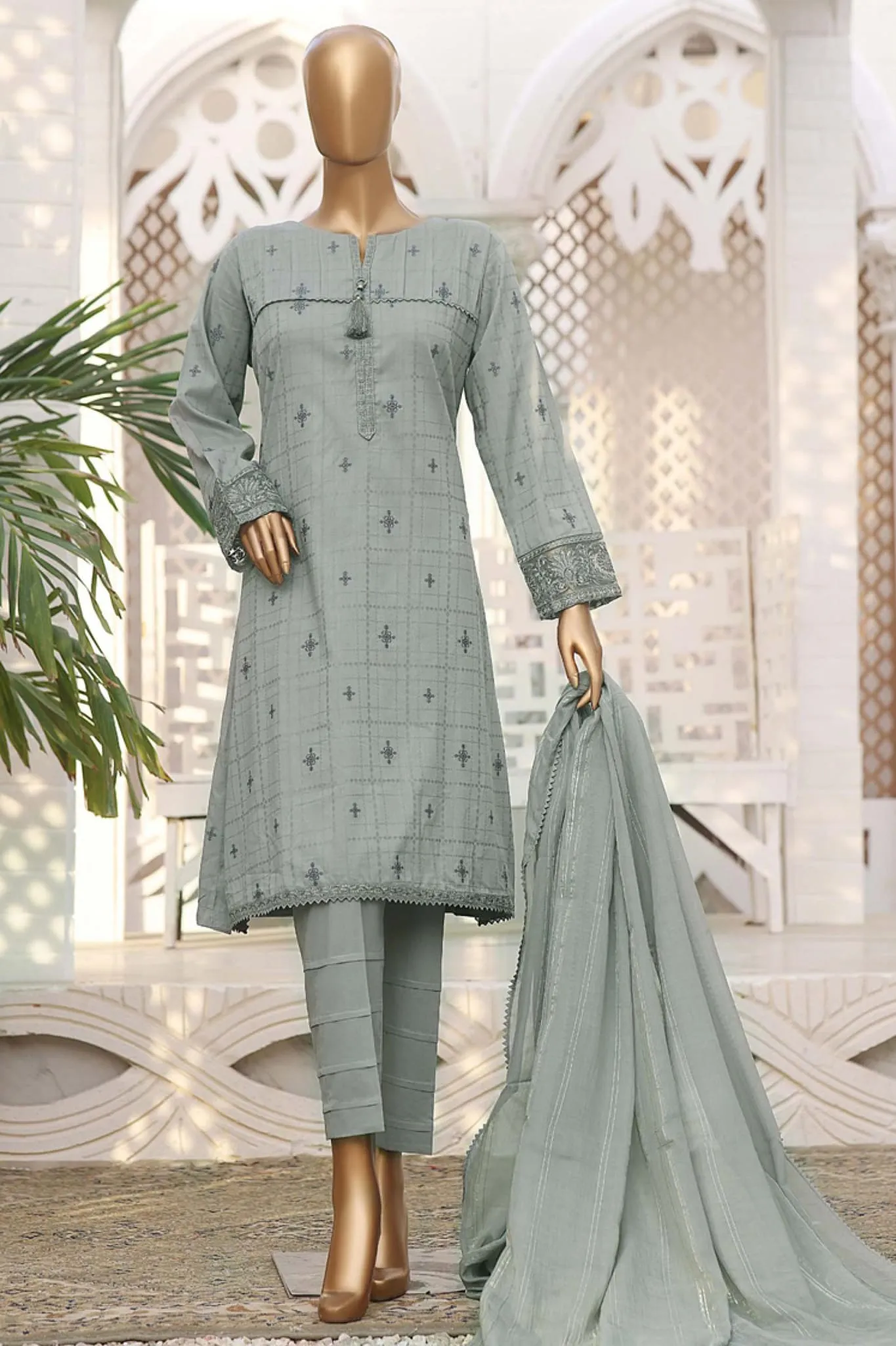 Hz Festive Stitched 3 Piece Emb Jacquard Collection2023-HZJ-03-C-Grey