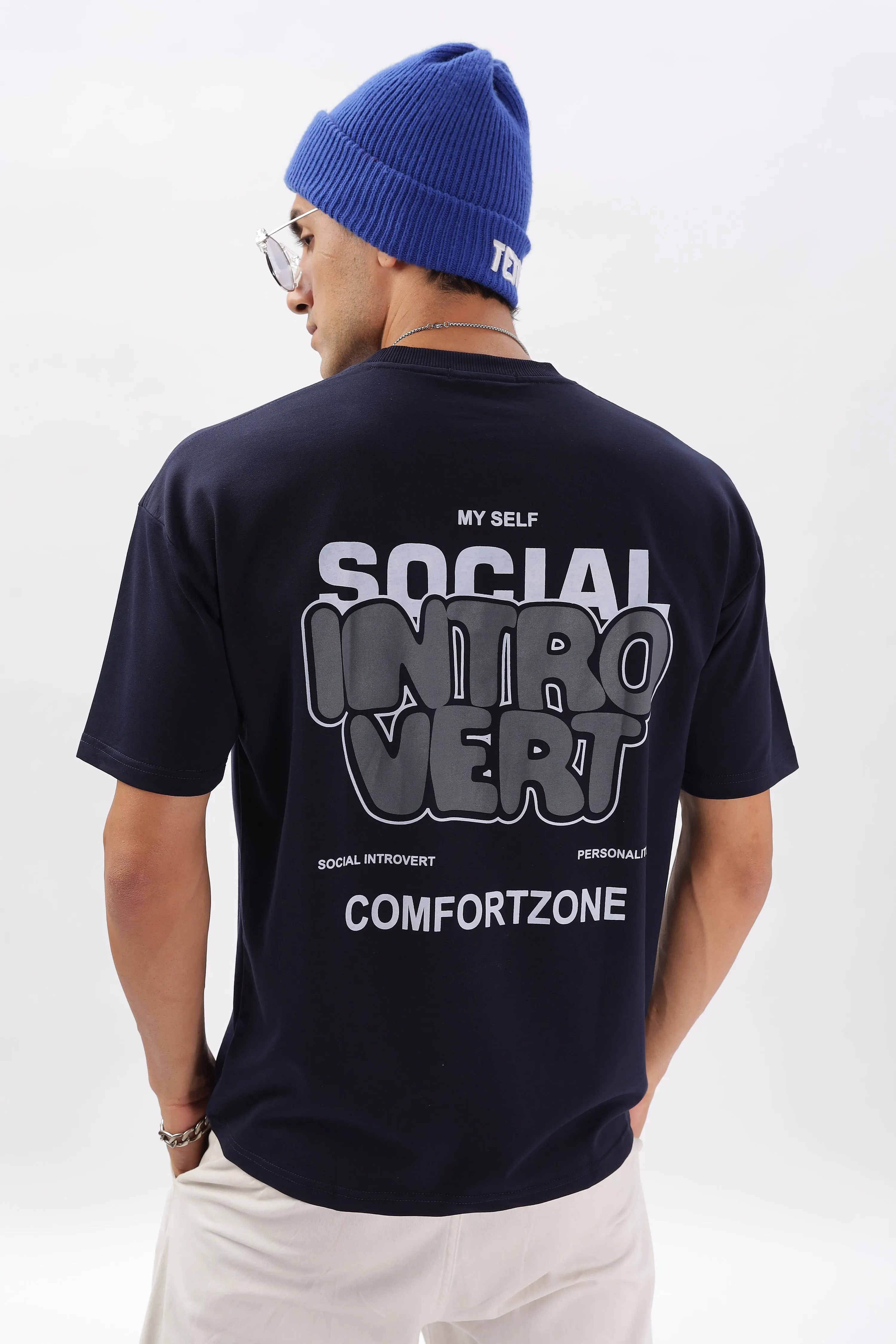 Introvert Vibes Drop Shoulder T-Shirt: Navy Blue