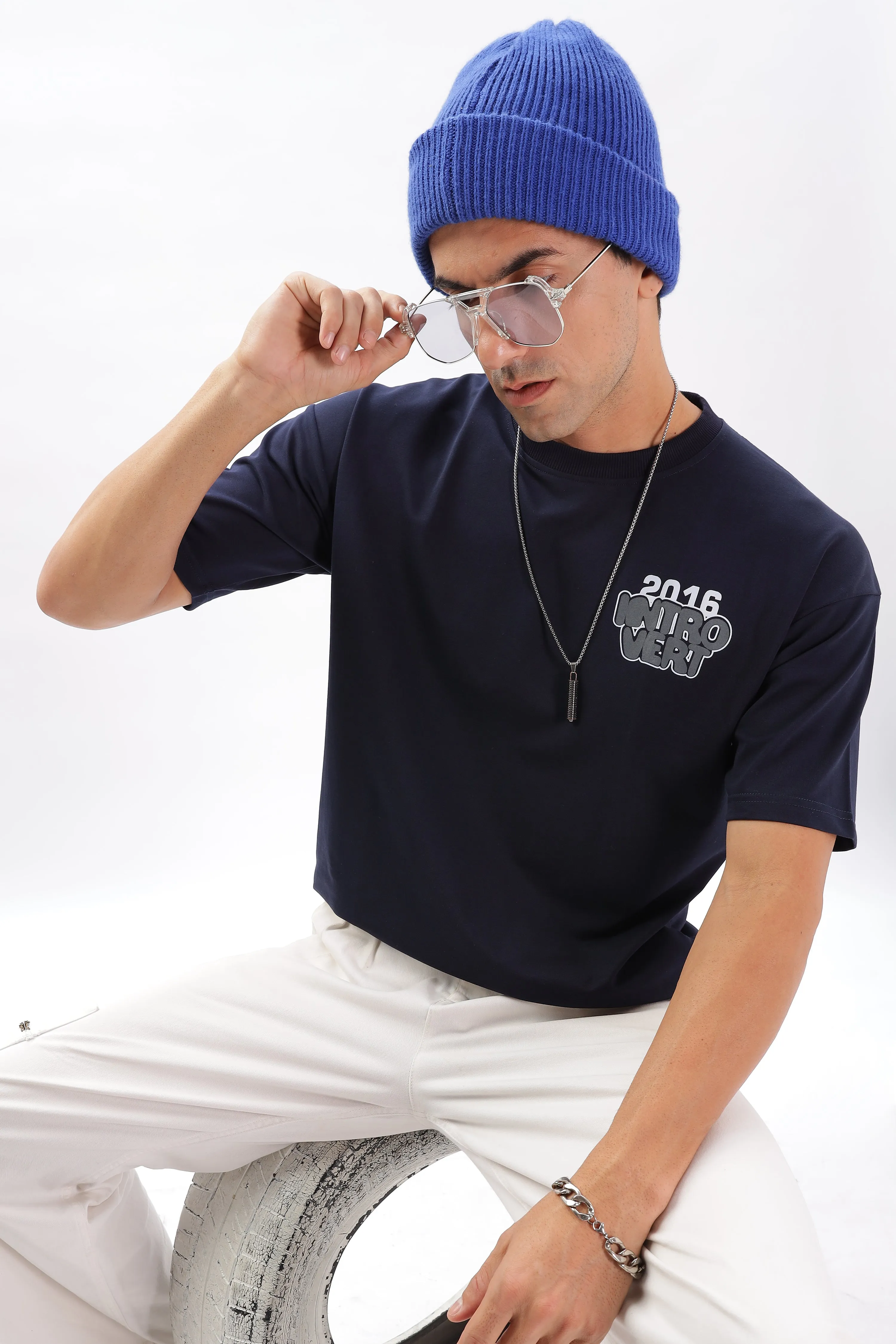 Introvert Vibes Drop Shoulder T-Shirt: Navy Blue