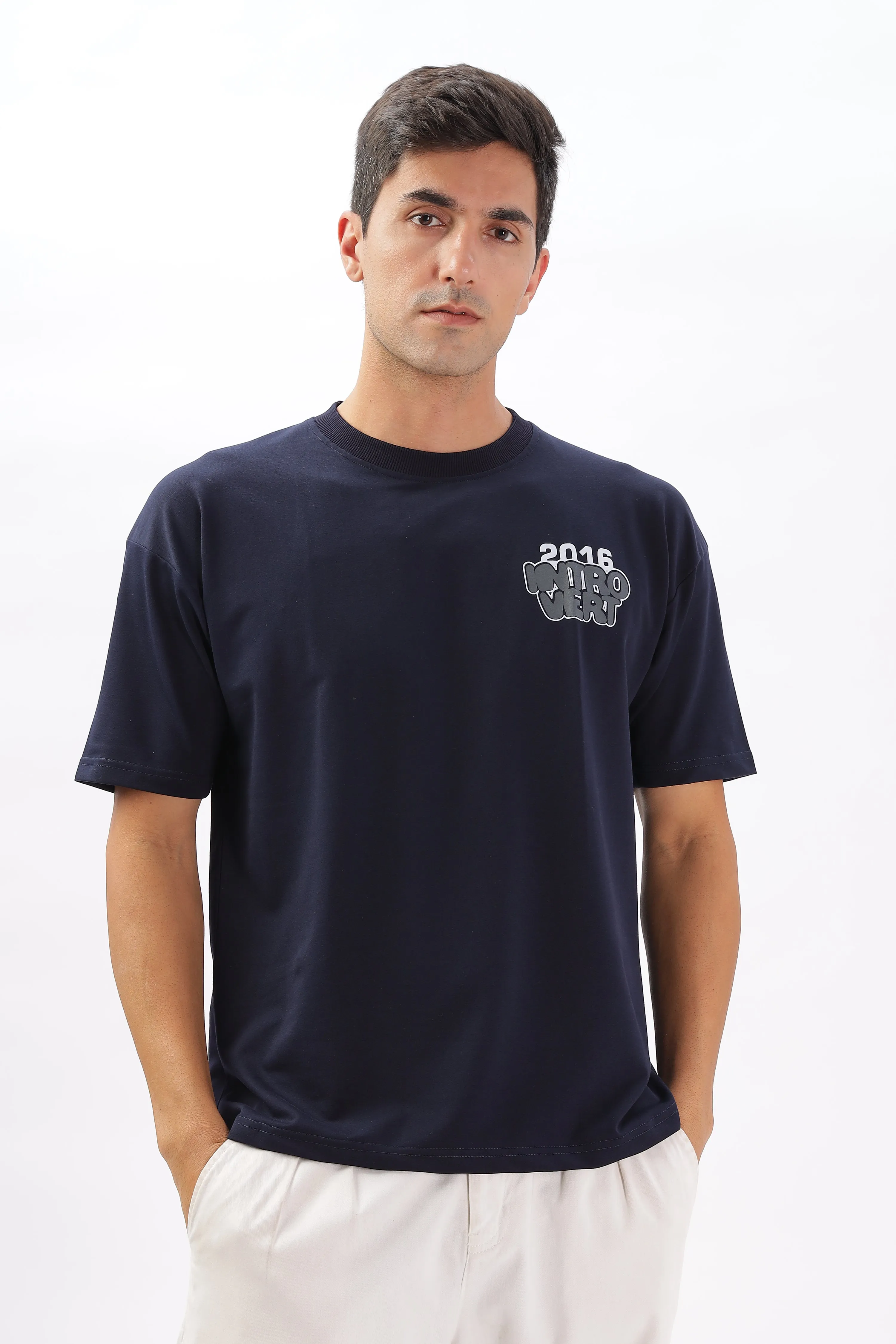 Introvert Vibes Drop Shoulder T-Shirt: Navy Blue