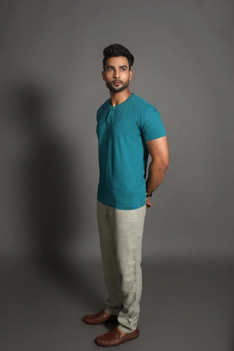 Men's Henley Tee - Supima Cotton - Aqua Teal - The Liquid Touch