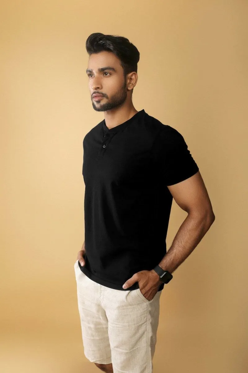 Men's Henley Tee - Supima Cotton - Solid Black - The Liquid Touch