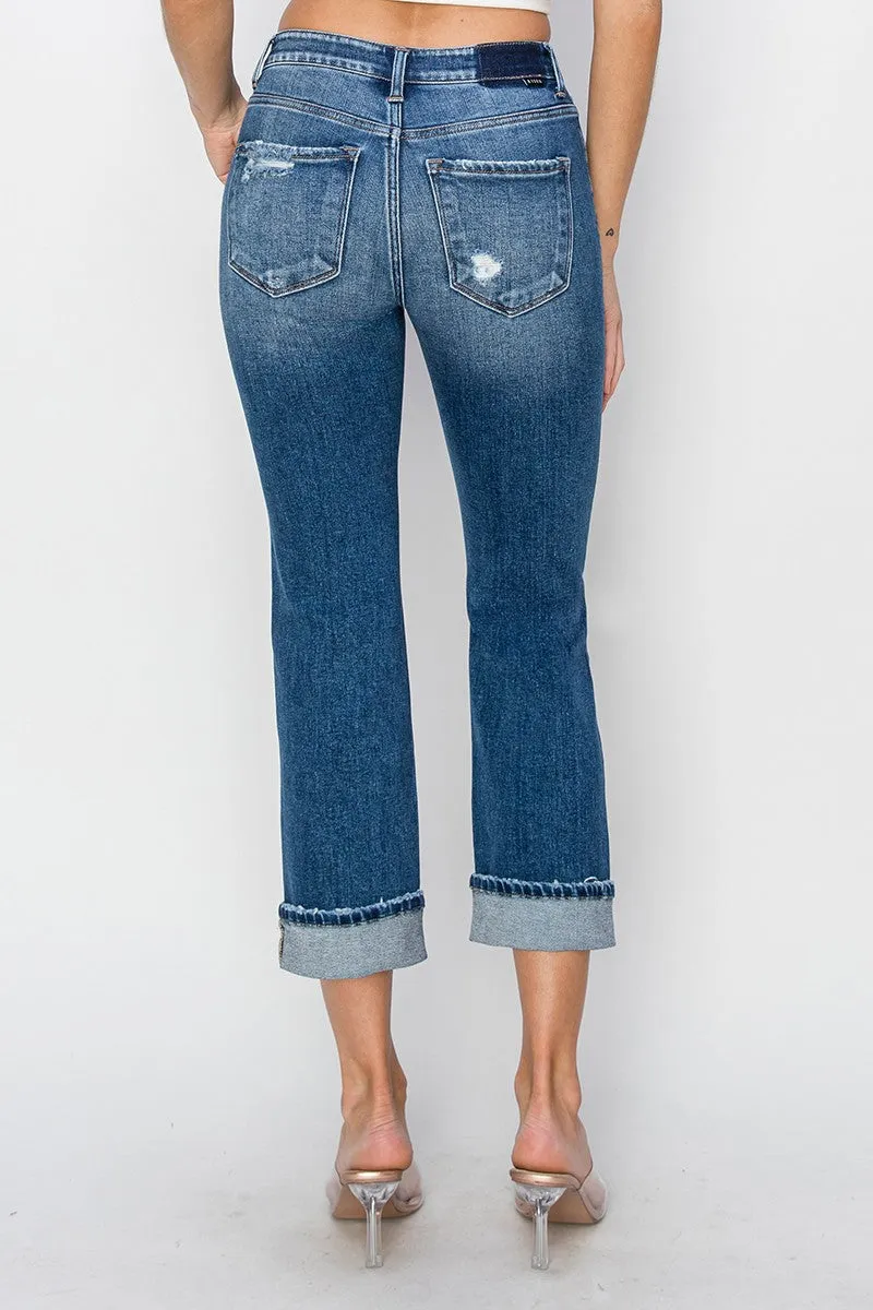 Mirabelle Cuffed Ankle Distressed Straight Jeans by RISEN