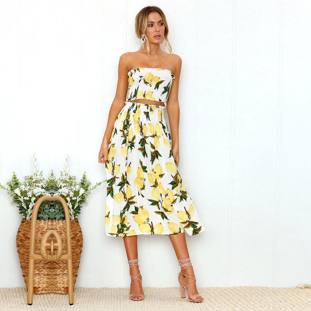 Off Shoulder Bohemian Printed Vest Top Midi Skirt Set