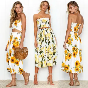 Off Shoulder Bohemian Printed Vest Top Midi Skirt Set