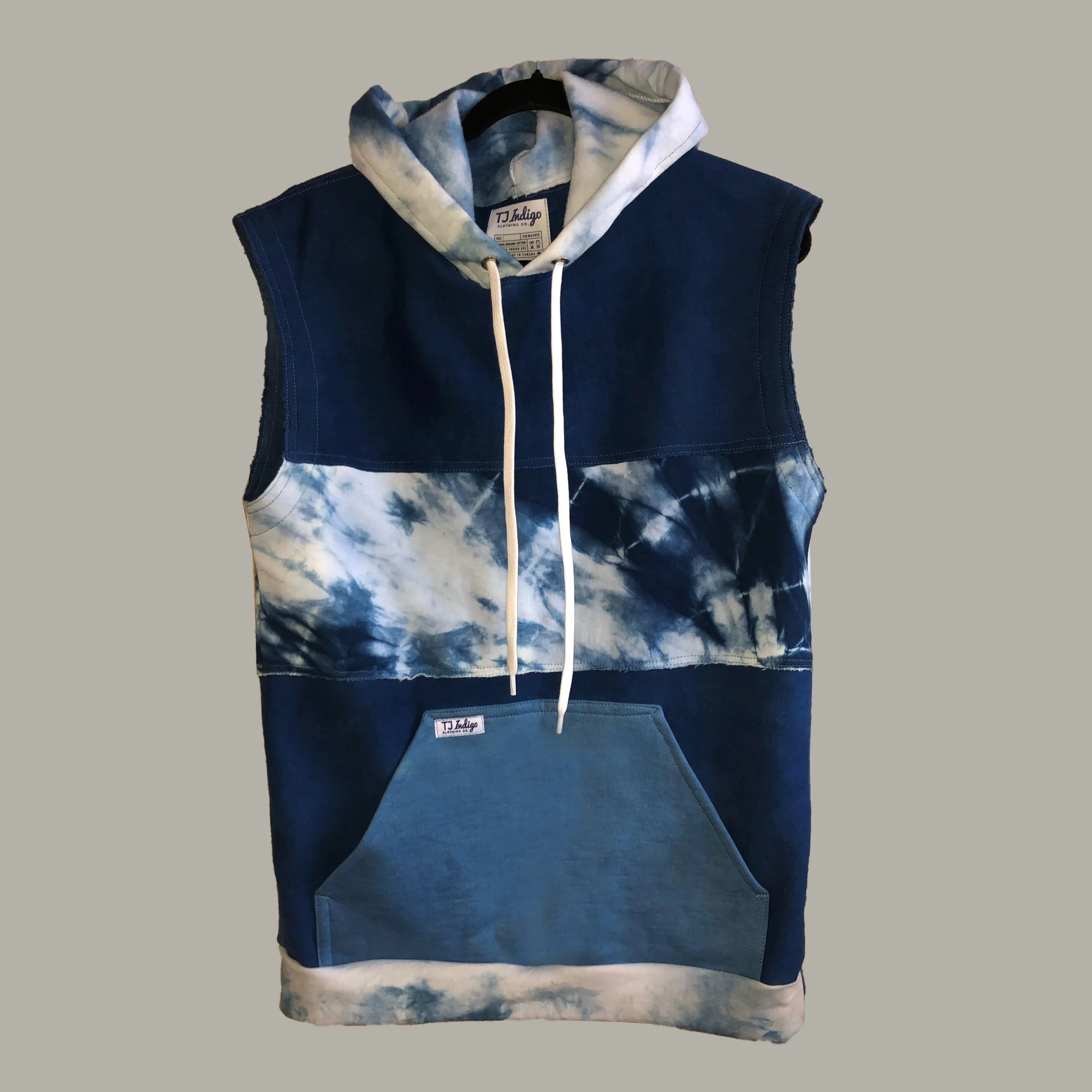 Organic Cotton Patchwork Sleeveless Hoodie in Indigo